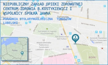 PORADNIA OTOLARYNGOLOGICZNA - NIEPUBLICZNY ZAKŁAD OPIEKI ZDROWOTNEJ CENTRUM ZDROWIA B.KOSTYKIEWICZ I WSPÓLNICY SPÓŁKA JAWNA - PETERA 3,  TOMASZÓW LUBELSKI